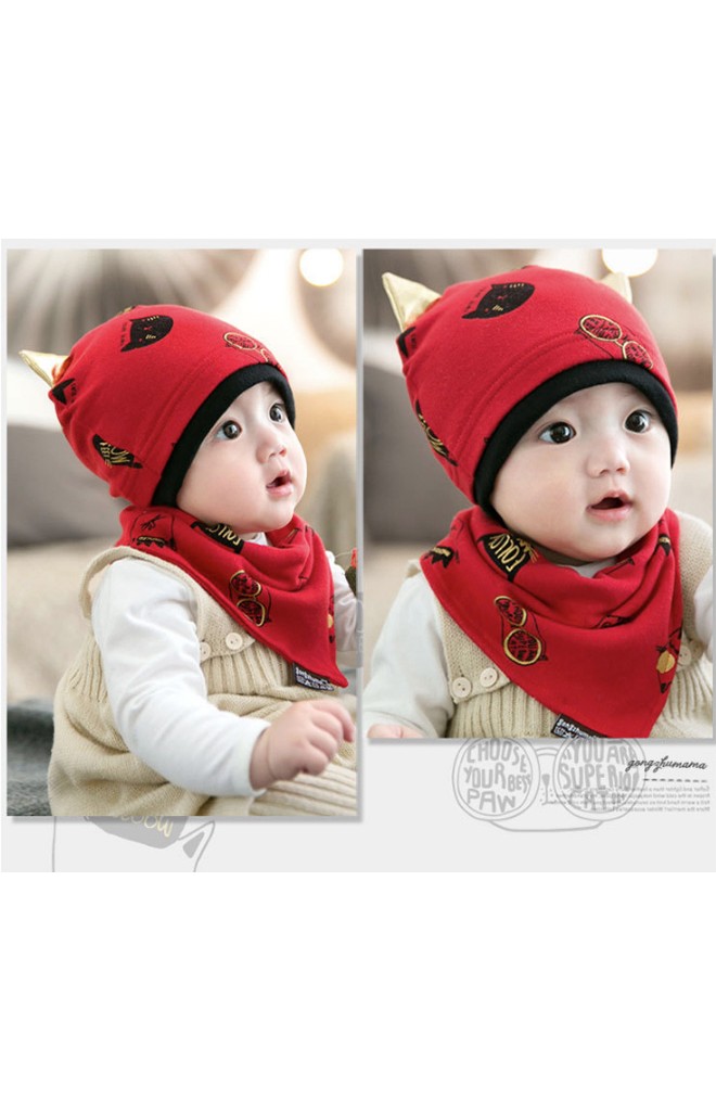 เซ็ตหมวกเด็กลายแมวแต่งหูน่ารักๆ มาพร้อมผ้ากันเปื้อน