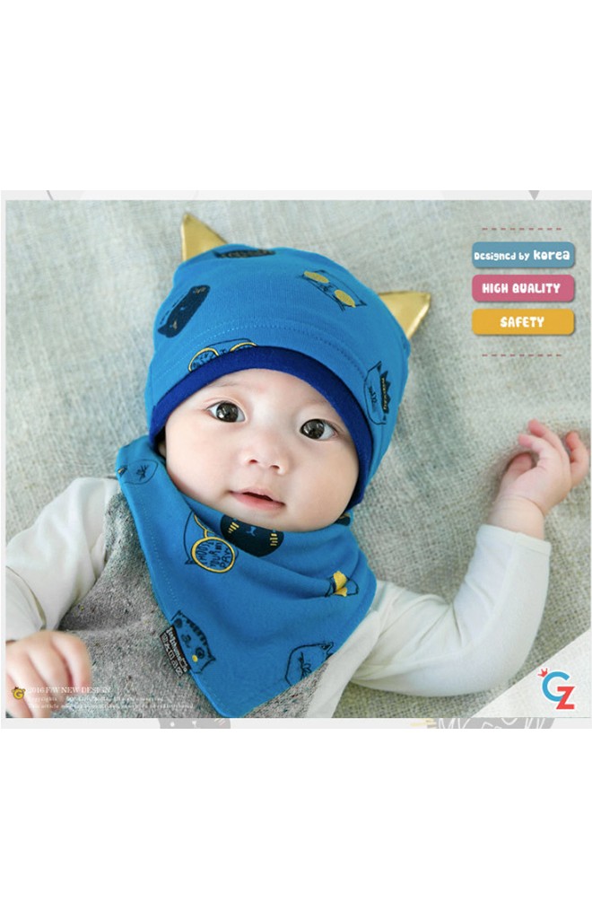เซ็ตหมวกเด็กลายแมวแต่งหูน่ารักๆ มาพร้อมผ้ากันเปื้อน
