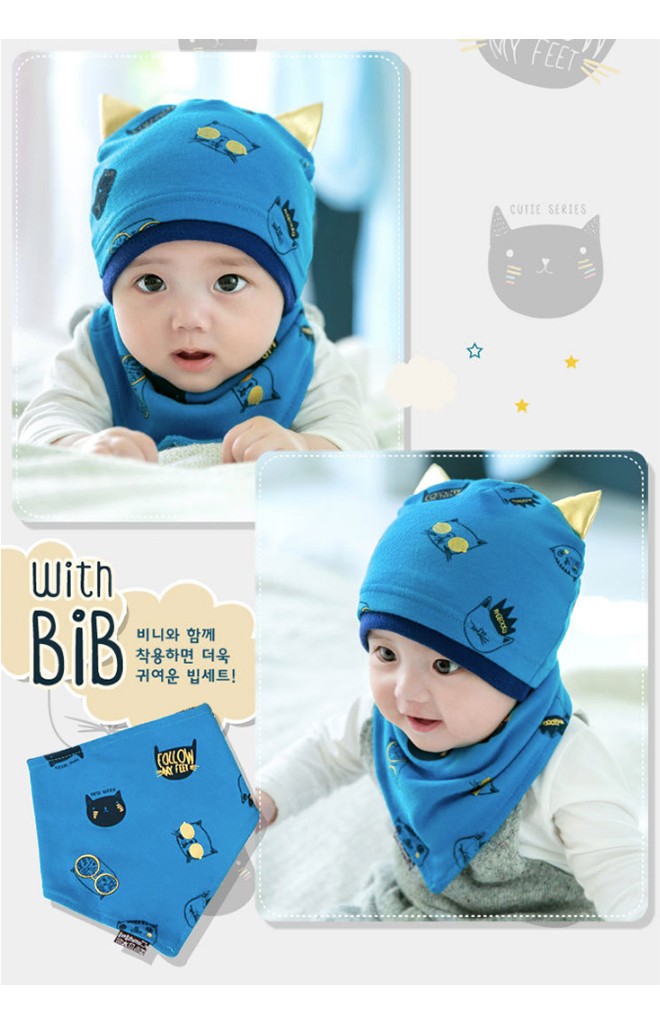 เซ็ตหมวกเด็กลายแมวแต่งหูน่ารักๆ มาพร้อมผ้ากันเปื้อน