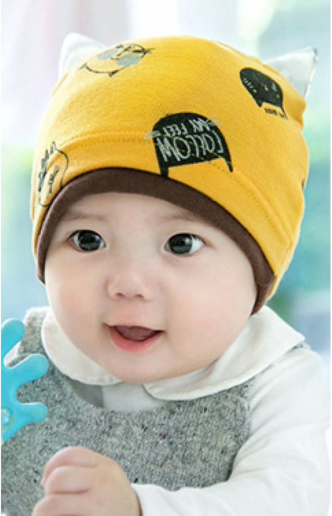 หมวกเด็กลายแมวแต่งหู ตัดขอบสีเข้ม จาก GZMM หมวกเด็กลายแมวแต่งหู ตัดขอบสีเข้ม จาก GZMM