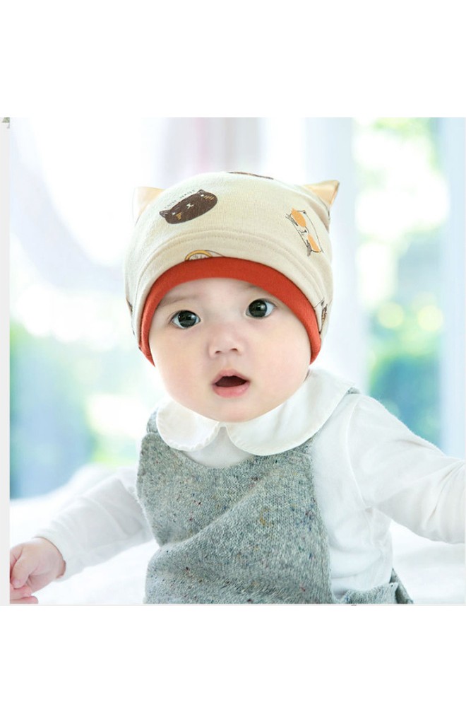 หมวกเด็กลายแมวแต่งหู ตัดขอบสีเข้ม จาก GZMM