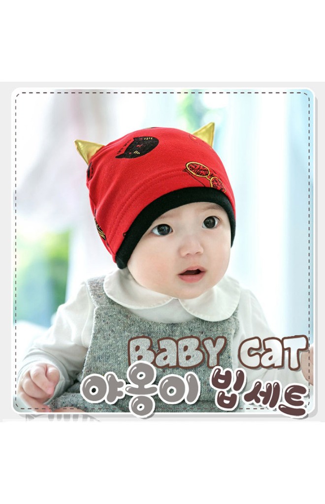 หมวกเด็กลายแมวแต่งหู ตัดขอบสีเข้ม จาก GZMM
