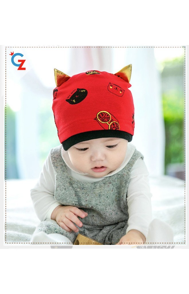 หมวกเด็กลายแมวแต่งหู ตัดขอบสีเข้ม จาก GZMM