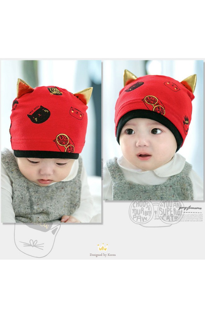 หมวกเด็กลายแมวแต่งหู ตัดขอบสีเข้ม จาก GZMM