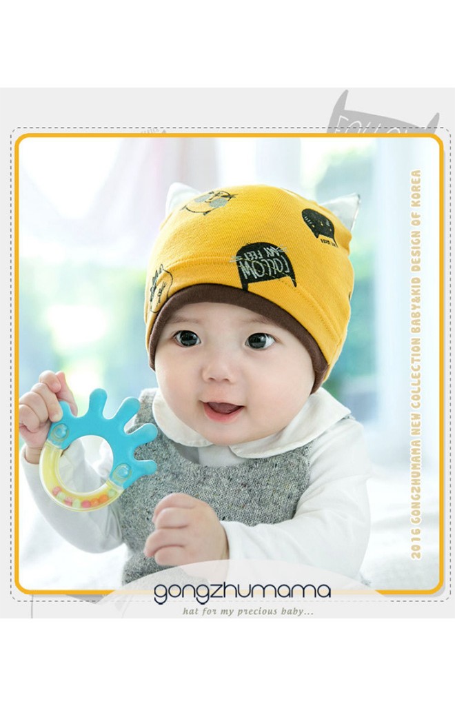 หมวกเด็กลายแมวแต่งหู ตัดขอบสีเข้ม จาก GZMM