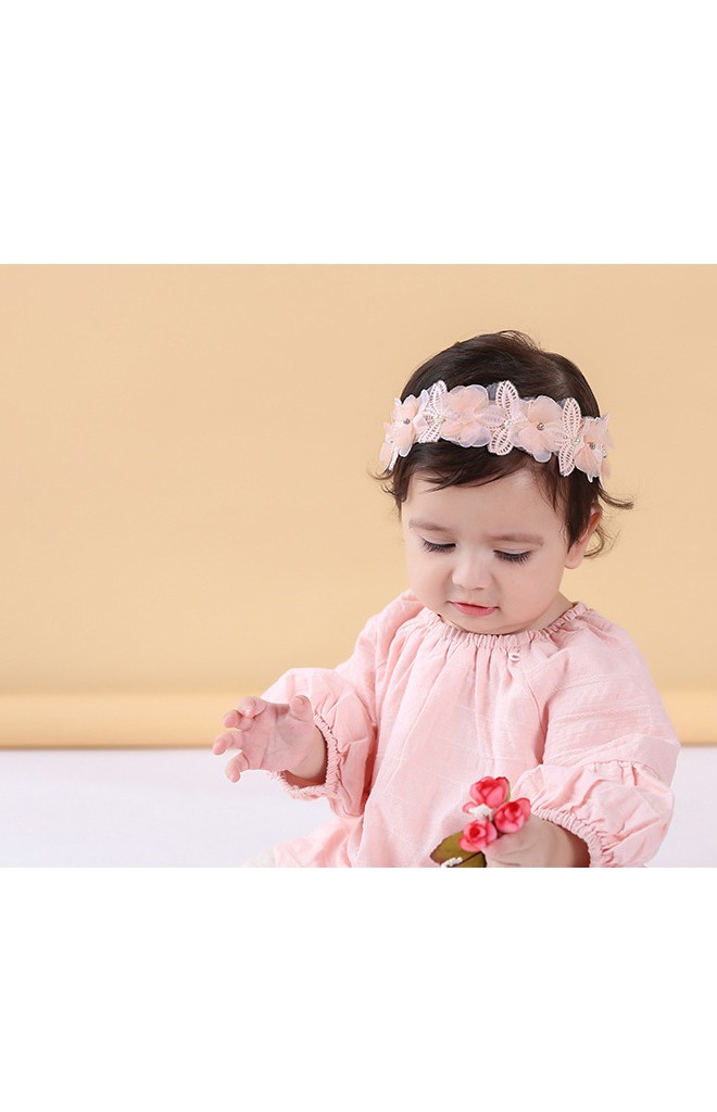 สายโบว์คาดผมแต่งดอกไม้ผ้าชีฟองและลูกไม้ ชายโบว์ยาว angel neitiri