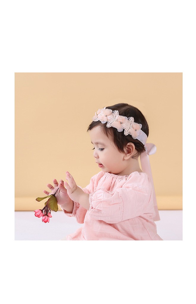 สายโบว์คาดผมแต่งดอกไม้ผ้าชีฟองและลูกไม้ ชายโบว์ยาว angel neitiri