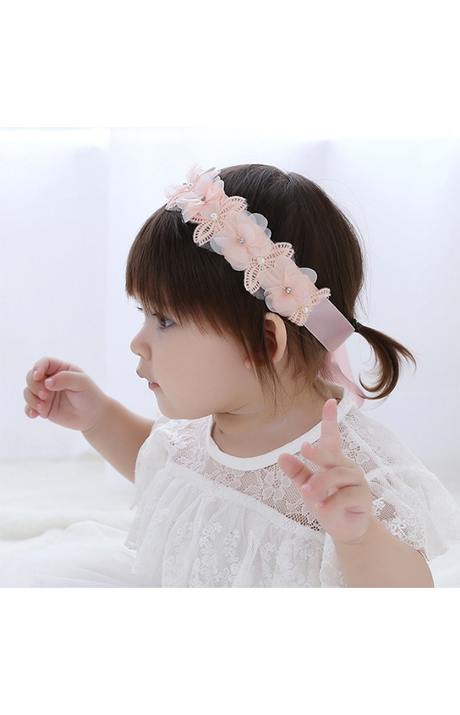 สายโบว์คาดผมแต่งดอกไม้ผ้าชีฟองและลูกไม้ ชายโบว์ยาว angel neitiri
