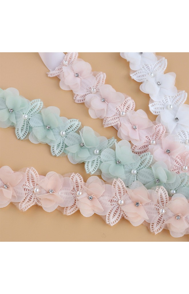สายโบว์คาดผมแต่งดอกไม้ผ้าชีฟองและลูกไม้ ชายโบว์ยาว angel neitiri
