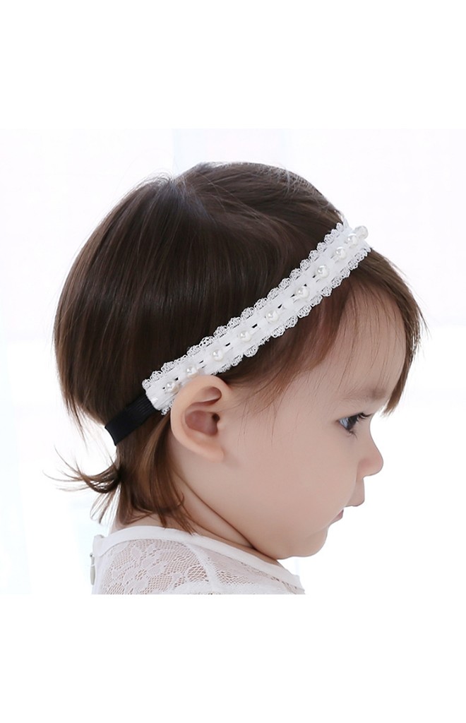 สายคาดผมผ้าลูกไม้ยืดสีขาวร้อยมุกเทียม angel neitiri