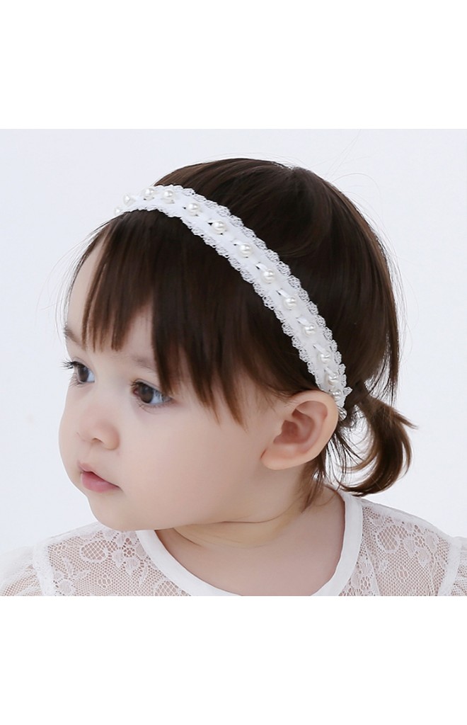 สายคาดผมผ้าลูกไม้ยืดสีขาวร้อยมุกเทียม angel neitiri