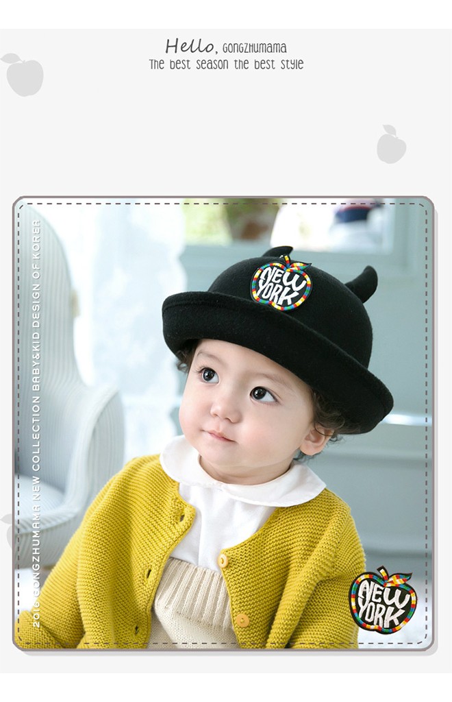 หมวกเด็กทรงโบลเลอร์มีเขา ด้านหน้าแต่งรูปแอปเปิ้ลปัก New York จาก GZMM