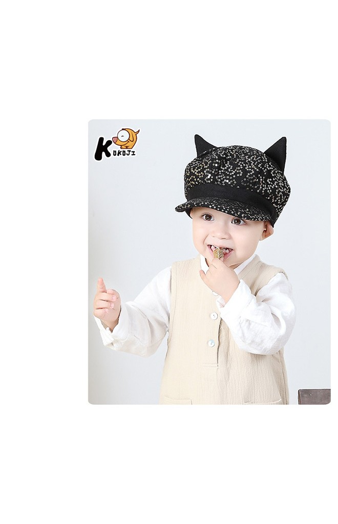 หมวกเด็กทรงนิวส์บอยผ้าประดับเลื่อม แต่งหูแมวจาก KUKUJI