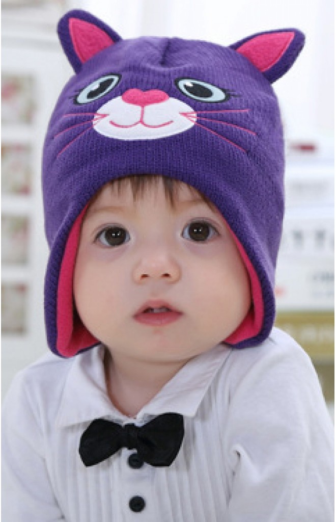 หมวกถักแมวเหมียวน่ารัก สีม่วงแต่งหูและผ้าซับสีชมพู