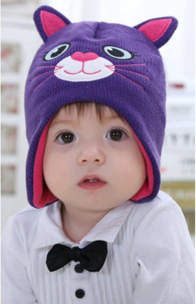 หมวกถักแมวเหมียวน่ารัก สีม่วงแต่งหูและผ้าซับสีชมพู หมวกถักแมวเหมียวน่ารัก สีม่วงแต่งหูและผ้าซับสีชมพู