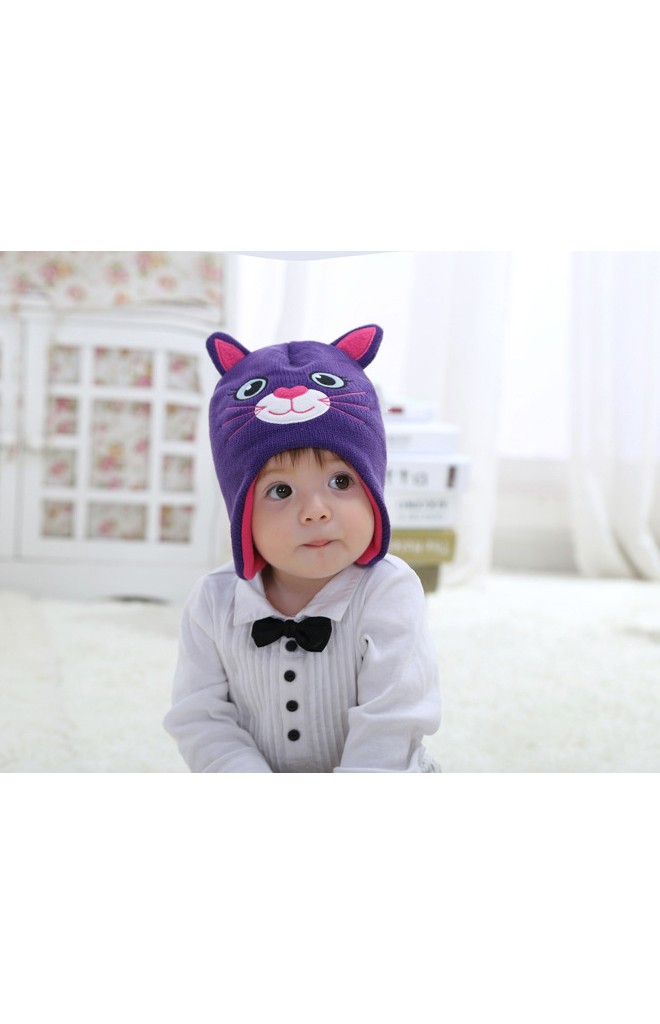 หมวกถักแมวเหมียวน่ารัก สีม่วงแต่งหูและผ้าซับสีชมพู
