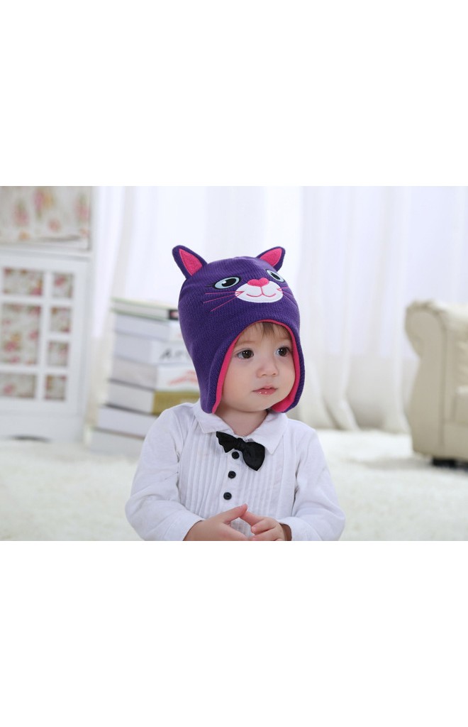 หมวกถักแมวเหมียวน่ารัก สีม่วงแต่งหูและผ้าซับสีชมพู