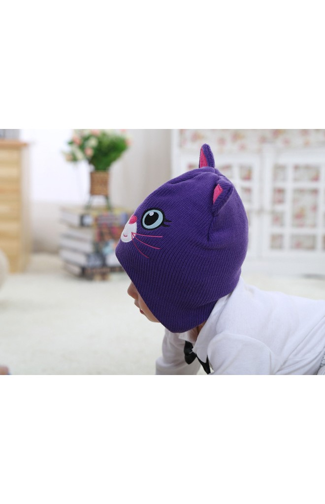 หมวกถักแมวเหมียวน่ารัก สีม่วงแต่งหูและผ้าซับสีชมพู