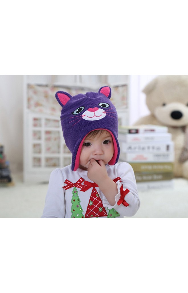 หมวกถักแมวเหมียวน่ารัก สีม่วงแต่งหูและผ้าซับสีชมพู