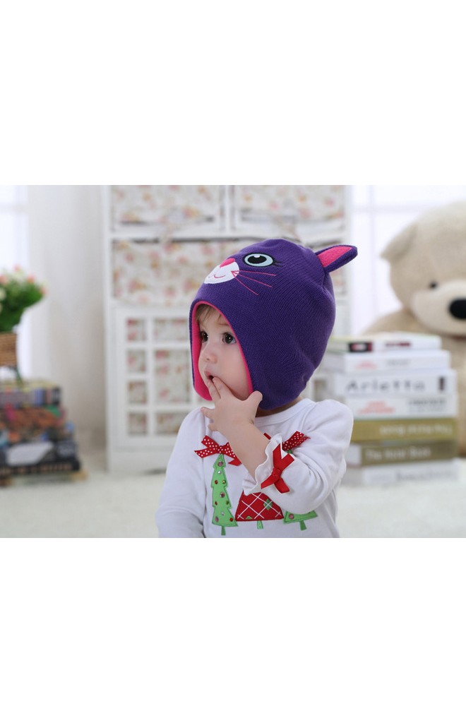 หมวกถักแมวเหมียวน่ารัก สีม่วงแต่งหูและผ้าซับสีชมพู