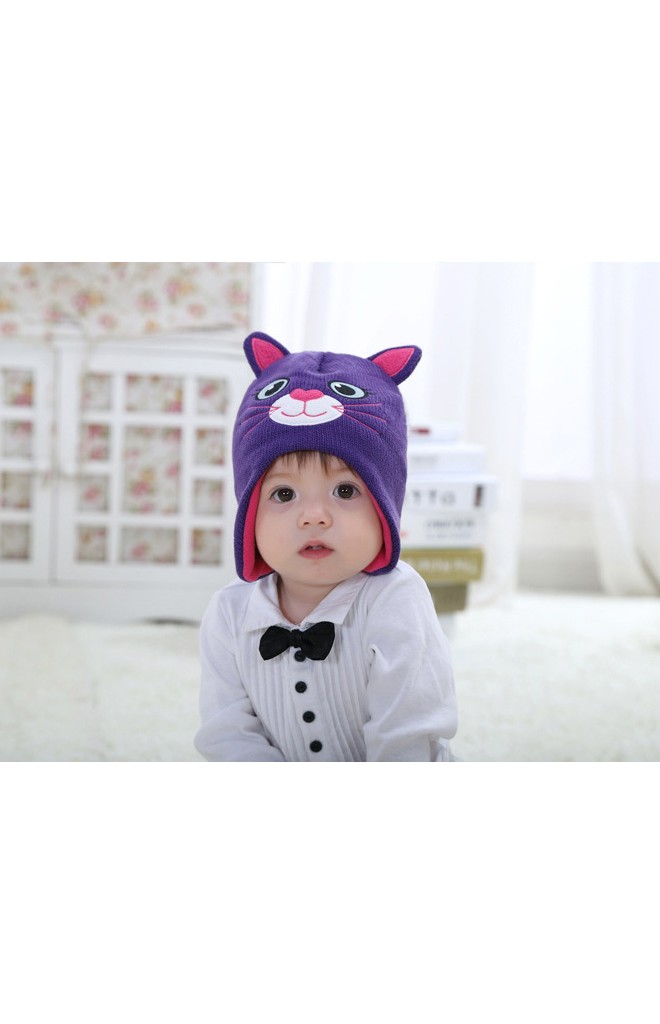 หมวกถักแมวเหมียวน่ารัก สีม่วงแต่งหูและผ้าซับสีชมพู