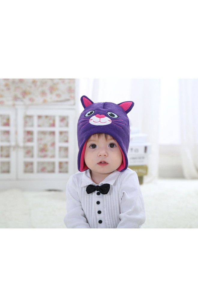 หมวกถักแมวเหมียวน่ารัก สีม่วงแต่งหูและผ้าซับสีชมพู