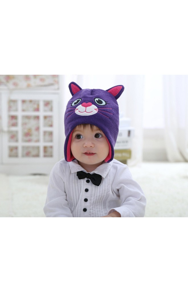 หมวกถักแมวเหมียวน่ารัก สีม่วงแต่งหูและผ้าซับสีชมพู