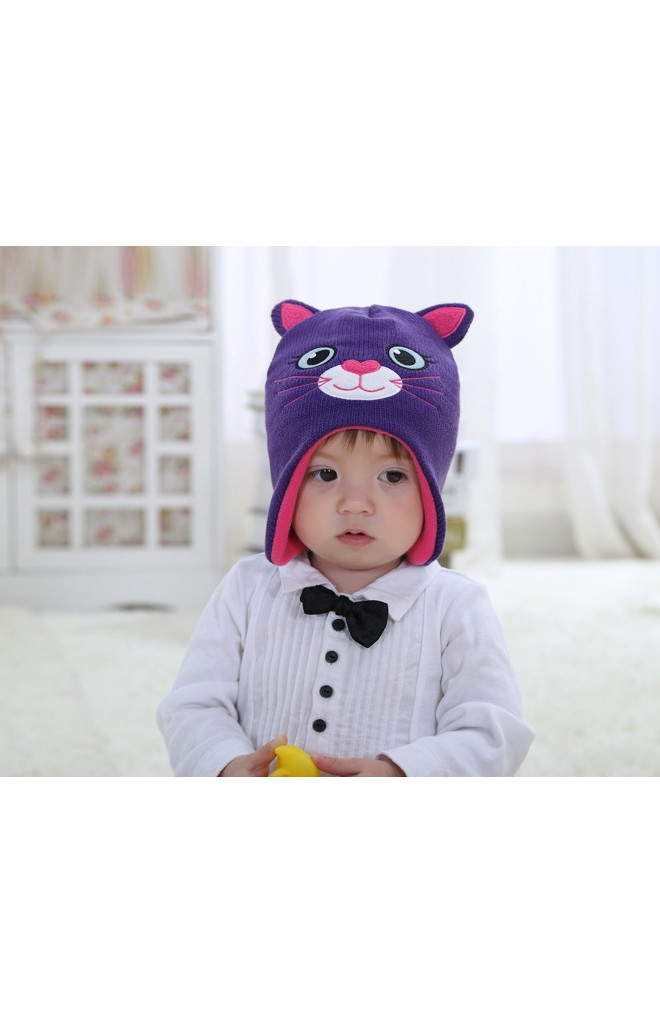 หมวกถักแมวเหมียวน่ารัก สีม่วงแต่งหูและผ้าซับสีชมพู