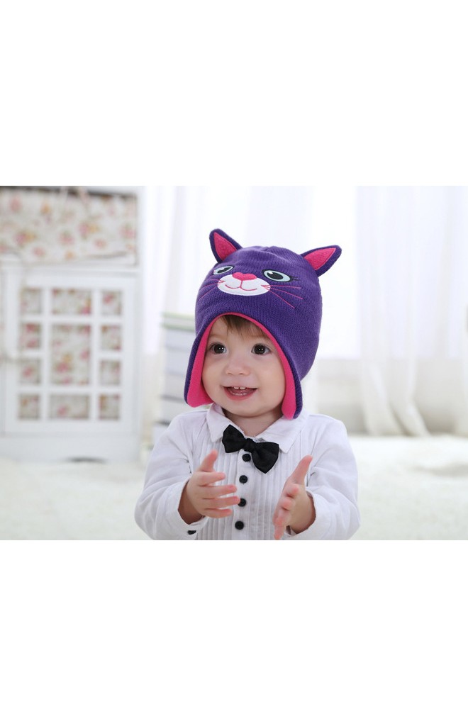 หมวกถักแมวเหมียวน่ารัก สีม่วงแต่งหูและผ้าซับสีชมพู