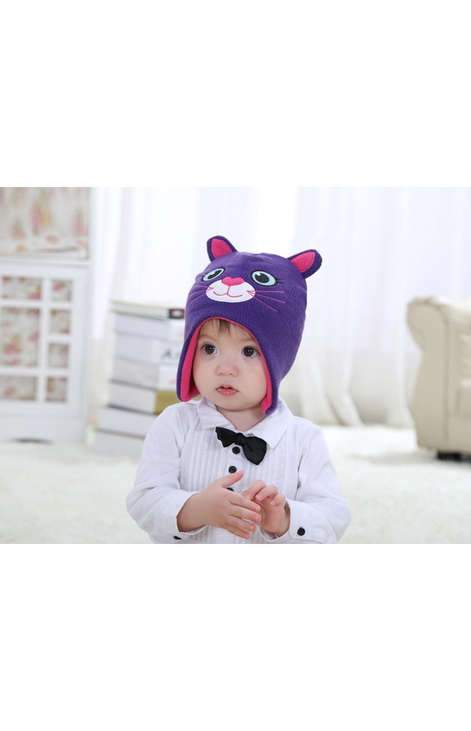 หมวกถักแมวเหมียวน่ารัก สีม่วงแต่งหูและผ้าซับสีชมพู