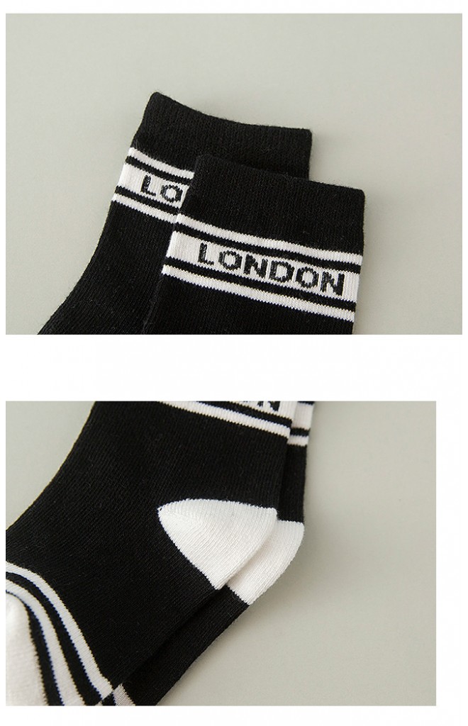 ถุงเท้าเด็กแบบสั้นแพ็ค 5 คู่ โทนขาว-ดำ ลายอักษร LONDON และ NEWYORK