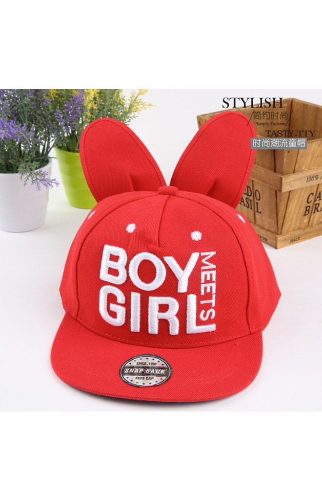 หมวกแก๊ปฮิปฮอปเด็กแต่งหูกระต่ายปักอักษร BOY GIRL