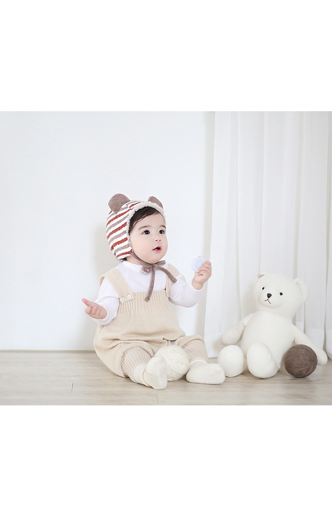 หมวกเด็กลายขวางแต่งหูน่ารักพร้อมซับในอุ่นๆ