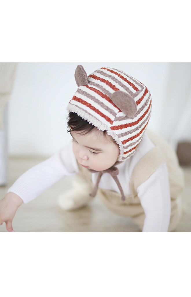 หมวกเด็กลายขวางแต่งหูน่ารักพร้อมซับในอุ่นๆ