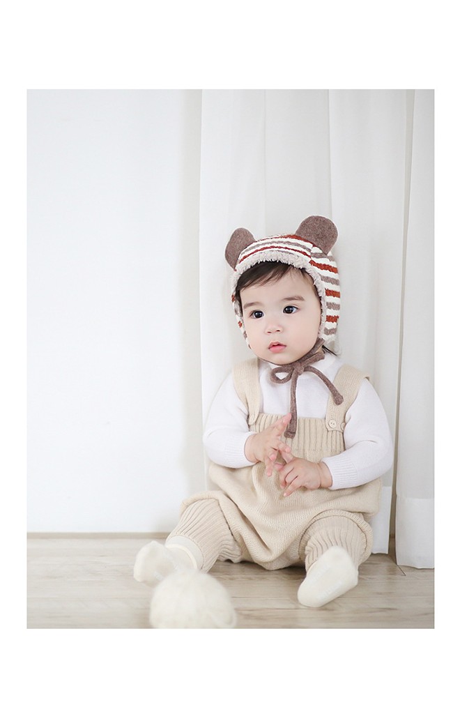 หมวกเด็กลายขวางแต่งหูน่ารักพร้อมซับในอุ่นๆ