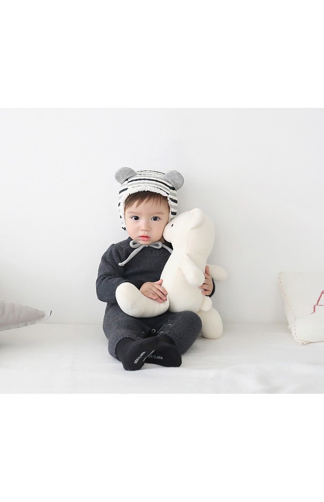 หมวกเด็กลายขวางแต่งหูน่ารักพร้อมซับในอุ่นๆ