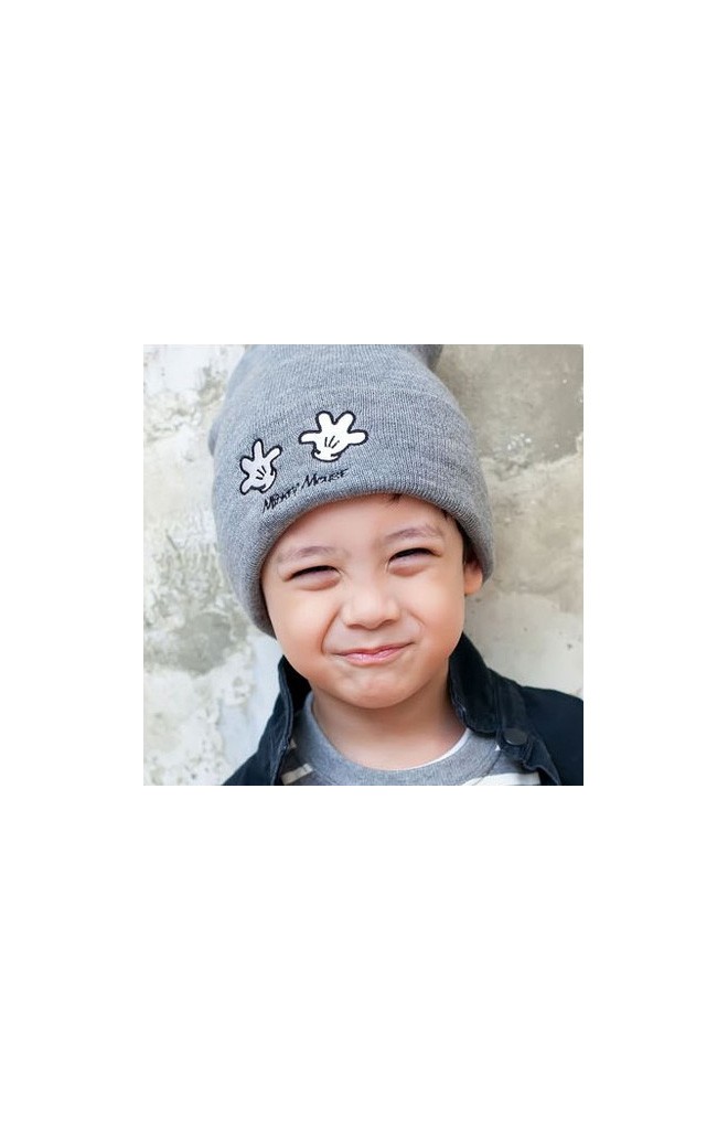 หมวกบีนนี่เด็กพับขอบปักรูปมือ Mickey Mouse