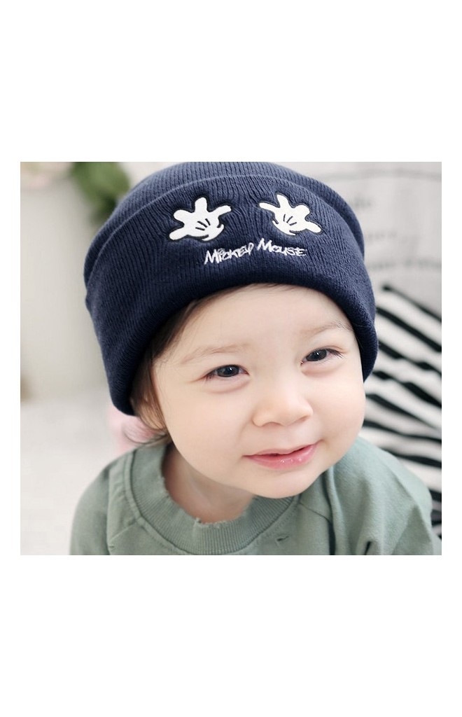 หมวกบีนนี่เด็กพับขอบปักรูปมือ Mickey Mouse