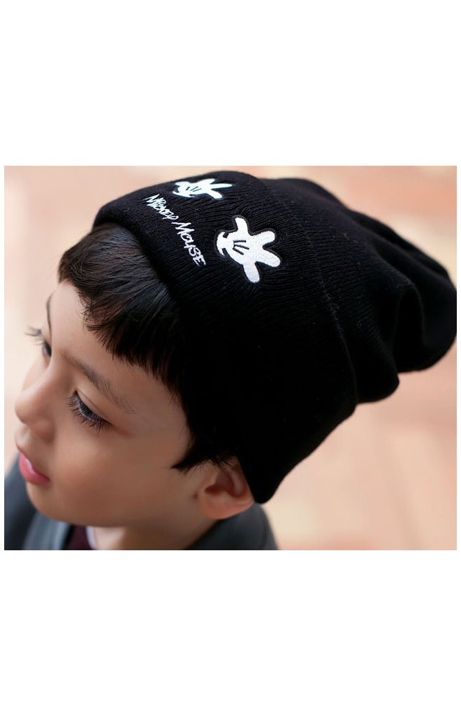 หมวกบีนนี่เด็กพับขอบปักรูปมือ Mickey Mouse
