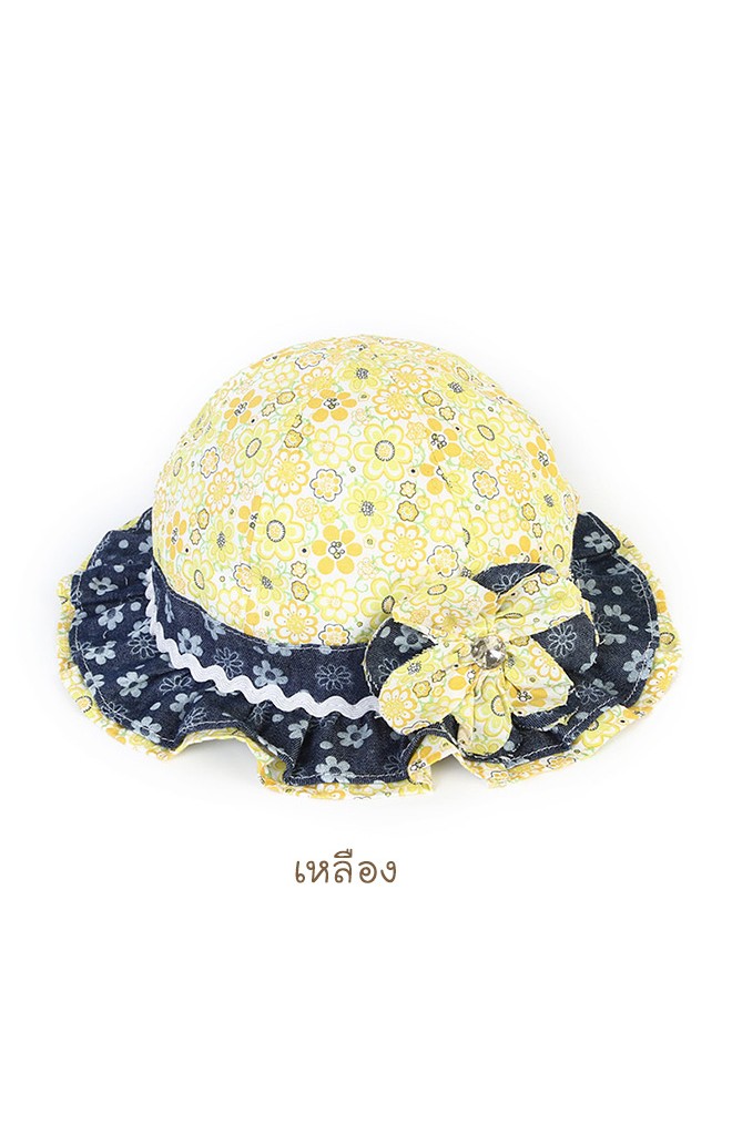 หมวกสาวน้อยลายดอก ปีกหมวกระบายสีเข้ม แต่งดอกไม้