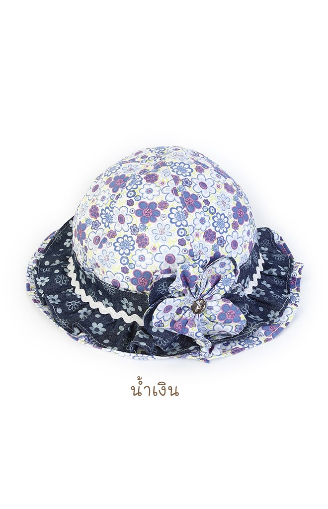 หมวกสาวน้อยลายดอก ปีกหมวกระบายสีเข้ม แต่งดอกไม้