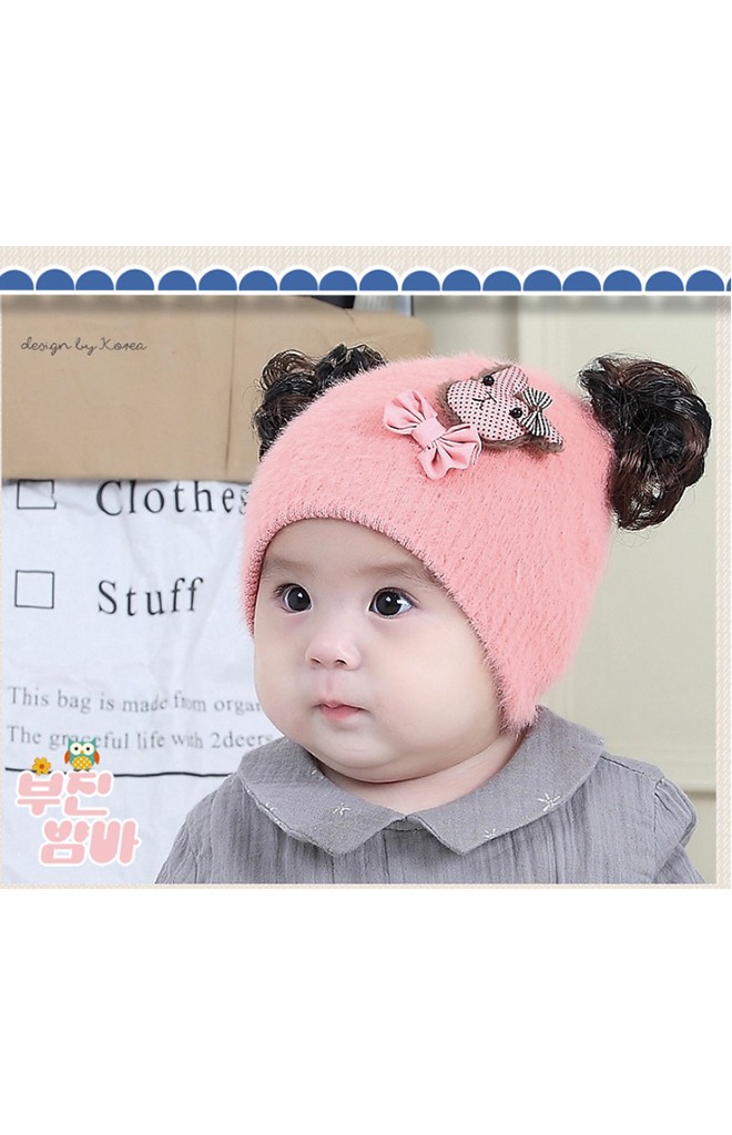 หมวกปอยผมไหมพรมกำมะหยี่ แต่งรูปหมีน้อยผูกโบว์
