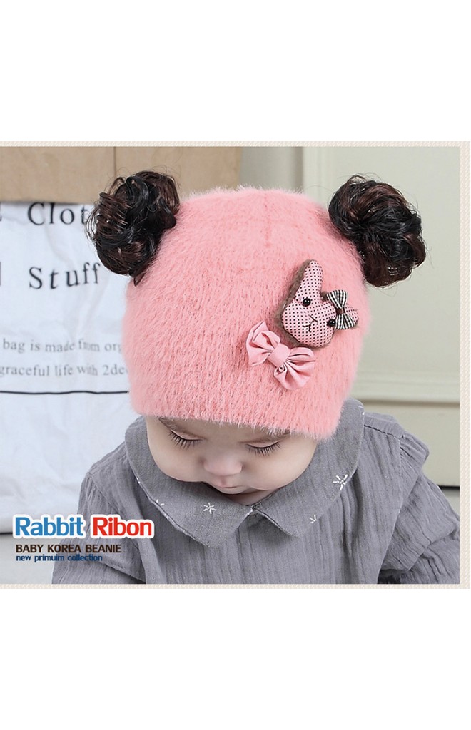หมวกปอยผมไหมพรมกำมะหยี่ แต่งรูปหมีน้อยผูกโบว์