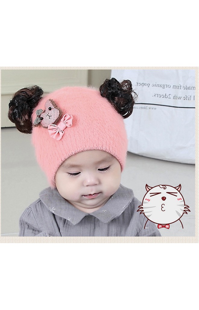หมวกปอยผมไหมพรมกำมะหยี่ แต่งรูปหมีน้อยผูกโบว์
