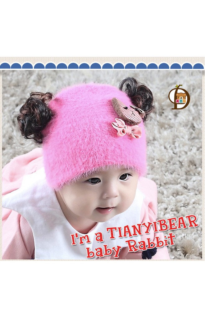 หมวกปอยผมไหมพรมกำมะหยี่ แต่งรูปหมีน้อยผูกโบว์