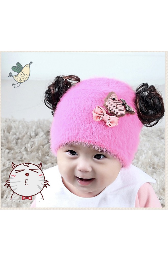 หมวกปอยผมไหมพรมกำมะหยี่ แต่งรูปหมีน้อยผูกโบว์