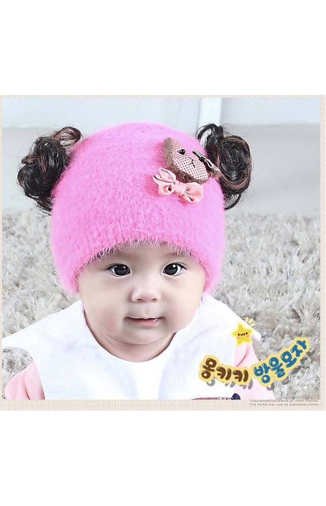 หมวกปอยผมไหมพรมกำมะหยี่ แต่งรูปหมีน้อยผูกโบว์