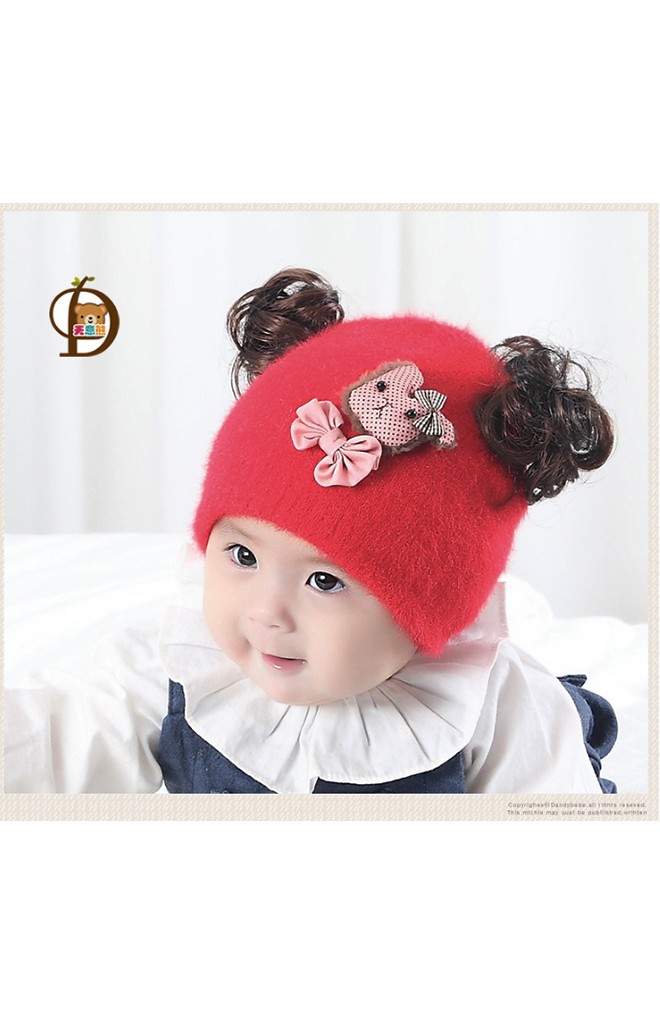หมวกปอยผมไหมพรมกำมะหยี่ แต่งรูปหมีน้อยผูกโบว์
