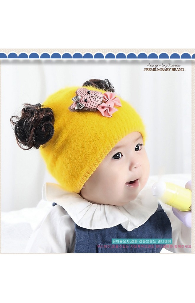 หมวกปอยผมไหมพรมกำมะหยี่ แต่งรูปหมีน้อยผูกโบว์