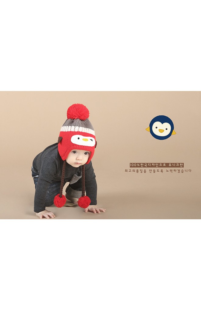 หมวกไหมพรมเด็กหน้าเพนกวิน แต่งเปียห้อยปอมปอม RIYUEHAO